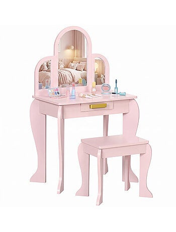 Coiffeuse enfant et tabouret design girly mdf bois pin rose poudré