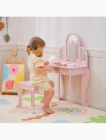 Coiffeuse enfant et tabouret design girly mdf bois pin rose poudré