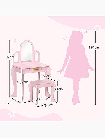Coiffeuse enfant et tabouret design girly mdf bois pin rose poudré