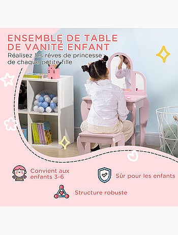 Coiffeuse enfant et tabouret design girly mdf bois pin rose poudré