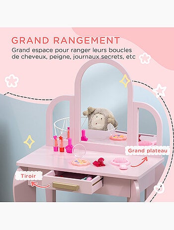 Coiffeuse enfant et tabouret design girly mdf bois pin rose poudré