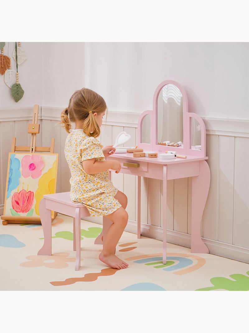 Coiffeuse enfant et tabouret design girly mdf bois pin rose poudré Rose - Kiabi