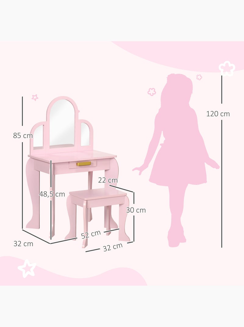 Coiffeuse enfant et tabouret design girly mdf bois pin rose poudré Rose - Kiabi