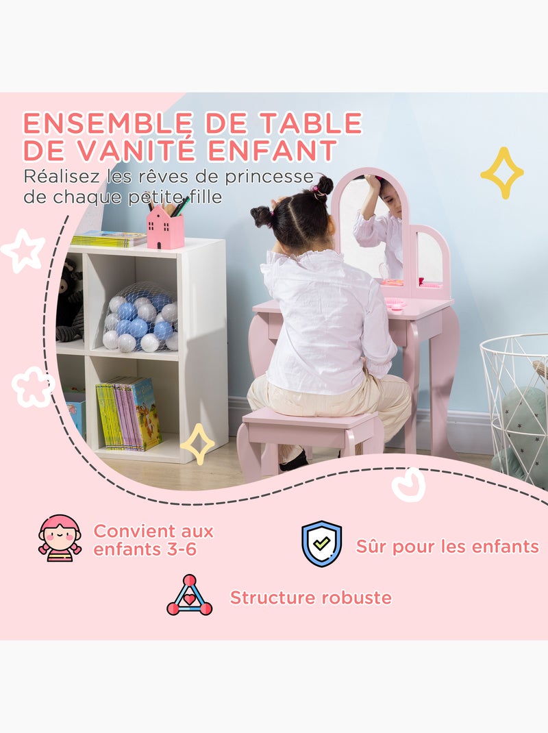 Coiffeuse enfant et tabouret design girly mdf bois pin rose poudré Rose - Kiabi