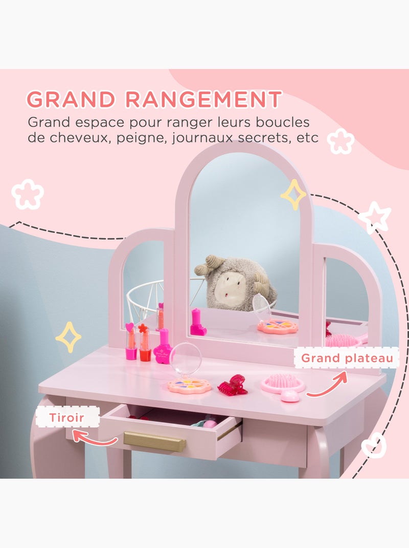 Coiffeuse enfant et tabouret design girly mdf bois pin rose poudré Rose - Kiabi
