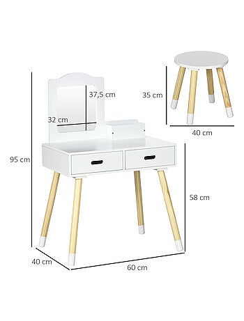 Coiffeuse enfant et tabouret design scandinave pin blanc