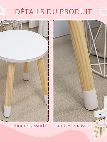 Coiffeuse enfant et tabouret design scandinave pin blanc