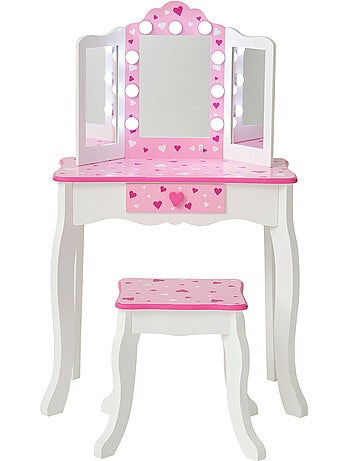 Coiffeuse enfant maquillage LED, tabouret, 99cm, Rose,