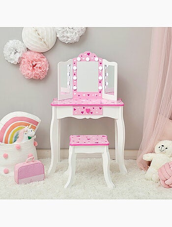 Coiffeuse enfant maquillage LED, tabouret, 99cm, Rose,