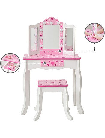 Coiffeuse enfant maquillage LED, tabouret, 99cm, Rose,