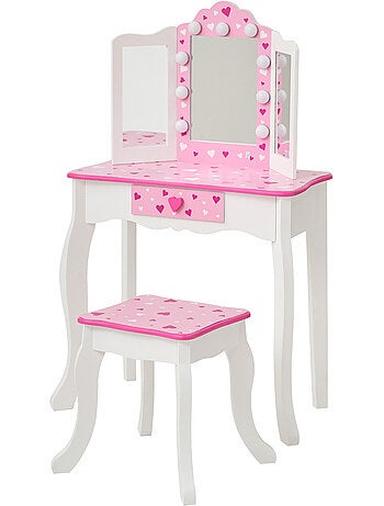 Coiffeuse enfant maquillage LED, tabouret, 99cm, Rose,
