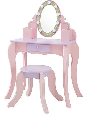 Coiffeuse enfant maquillage, miroir LED, tabouret, tiroir, 99cm, Rose,