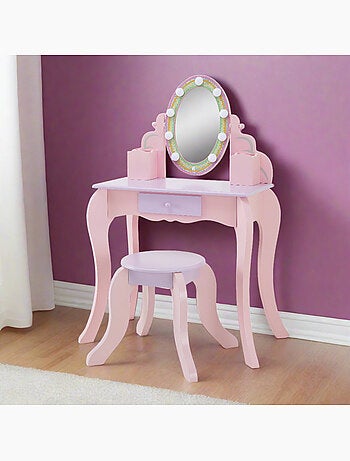 Coiffeuse enfant maquillage, miroir LED, tabouret, tiroir, 99cm, Rose,