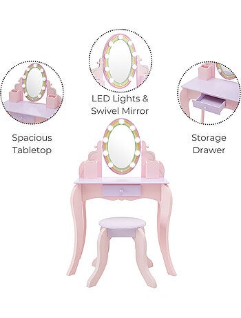Coiffeuse enfant maquillage, miroir LED, tabouret, tiroir, 99cm, Rose,