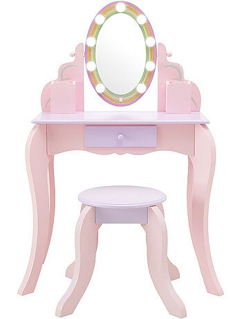 Coiffeuse enfant maquillage, miroir LED, tabouret, tiroir, 99cm, Rose,