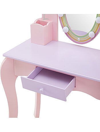 Coiffeuse enfant maquillage, miroir LED, tabouret, tiroir, 99cm, Rose,