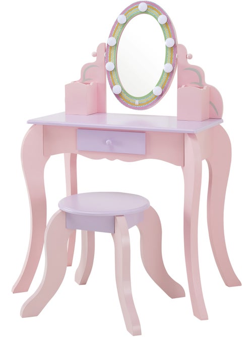 Coiffeuse enfant maquillage, miroir LED, tabouret, tiroir, 99cm, Rose, - Kiabi