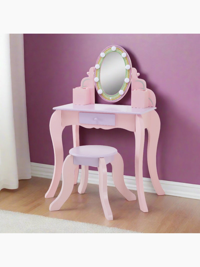 Coiffeuse enfant maquillage, miroir LED, tabouret, tiroir, 99cm, Rose, Rose - Kiabi