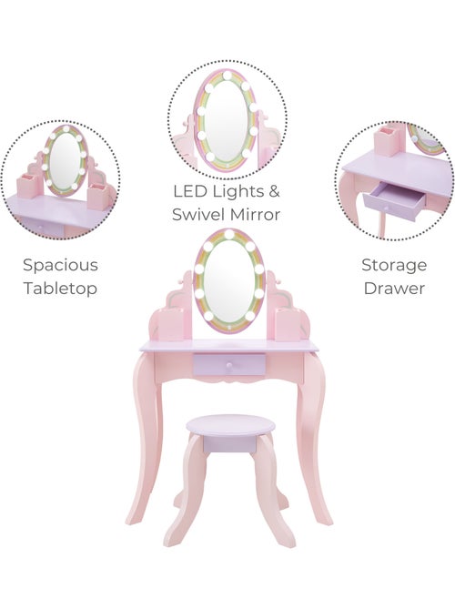 Coiffeuse enfant maquillage, miroir LED, tabouret, tiroir, 99cm, Rose, - Kiabi