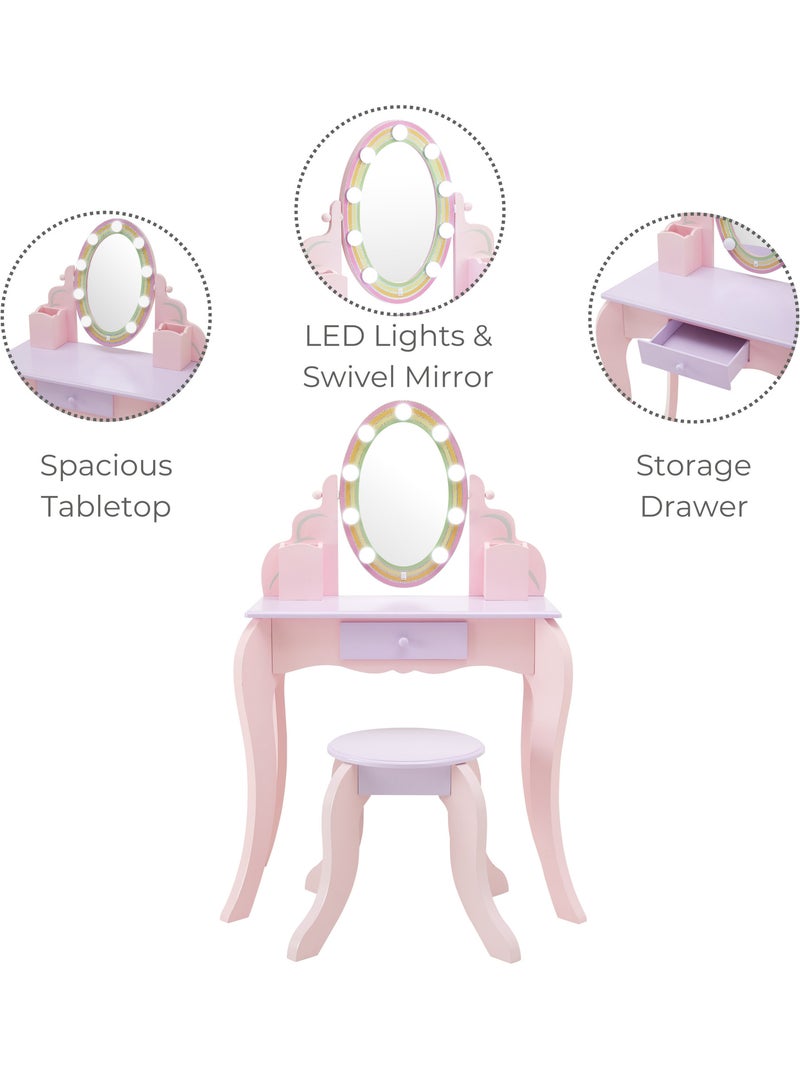 Coiffeuse enfant maquillage, miroir LED, tabouret, tiroir, 99cm, Rose, Rose - Kiabi