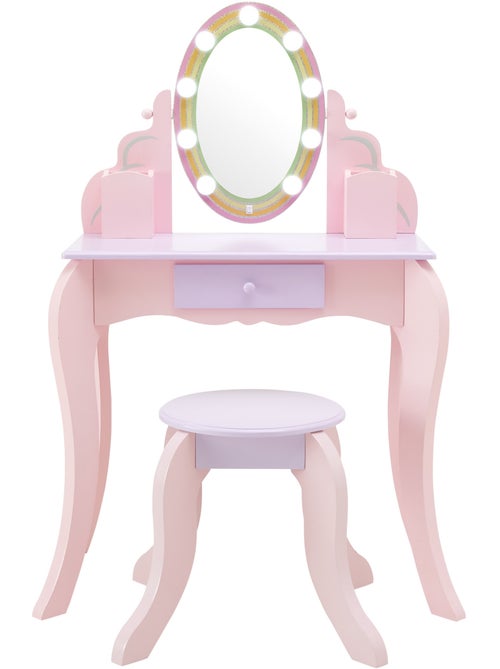 Coiffeuse enfant maquillage, miroir LED, tabouret, tiroir, 99cm, Rose, - Kiabi