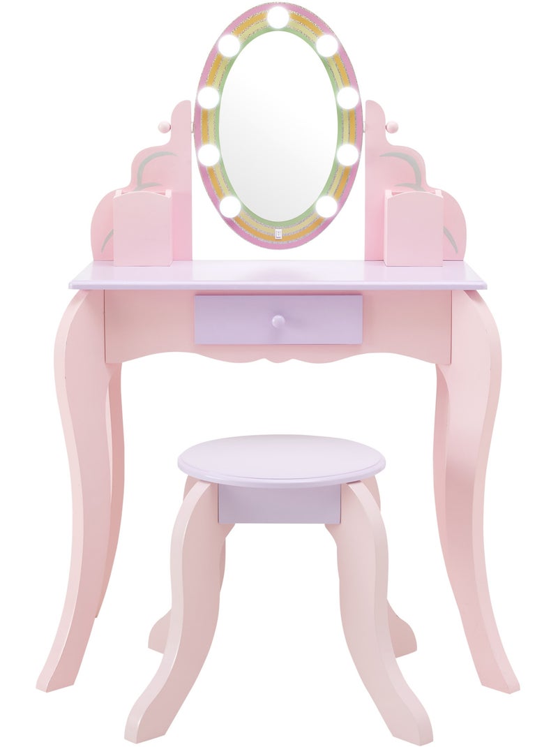 Coiffeuse enfant maquillage, miroir LED, tabouret, tiroir, 99cm, Rose, Rose - Kiabi