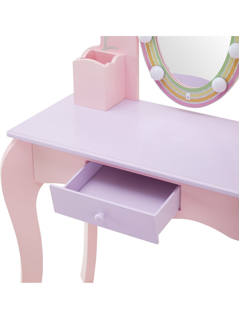 Coiffeuse enfant maquillage, miroir LED, tabouret, tiroir, 99cm, Rose, Rose - Kiabi