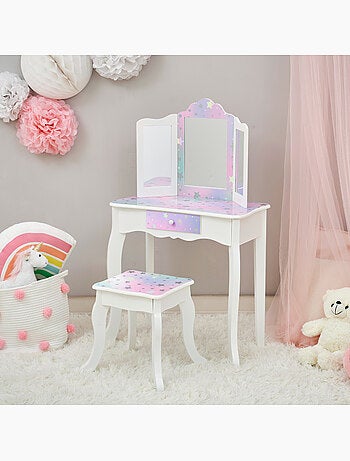 Coiffeuse enfant maquillage, miroir, tabouret, 99cm, Blanc,