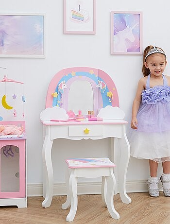Coiffeuse Enfant Table De Maquillage Arc-En-Ciel & Licorne