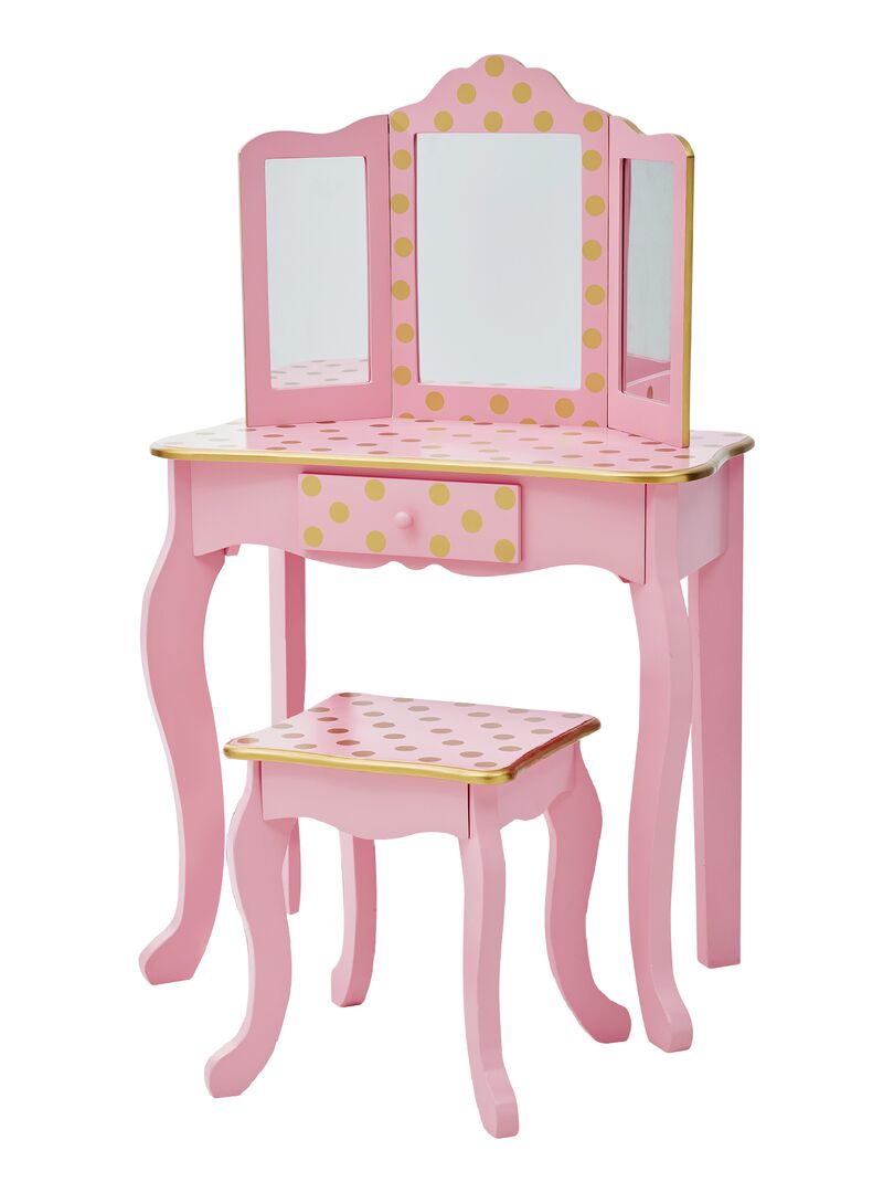 Coiffeuse enfant avec tabouret miroir meuble en bois fille rose