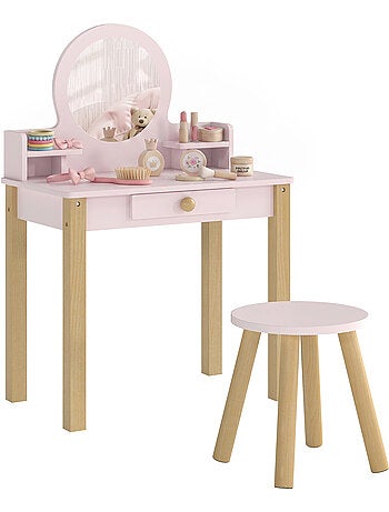 Coiffeuse enfant tabouret style nordique tiroir étagères miroir rose