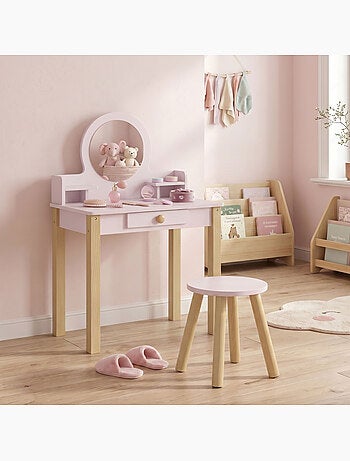 Coiffeuse enfant tabouret style nordique tiroir étagères miroir rose