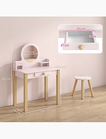 Coiffeuse enfant tabouret style nordique tiroir étagères miroir rose
