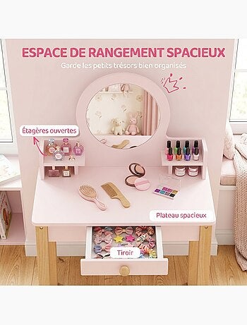 Coiffeuse enfant tabouret style nordique tiroir étagères miroir rose
