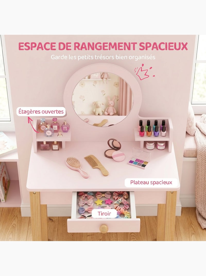 Coiffeuse enfant tabouret style nordique tiroir étagères miroir rose Rose - Kiabi