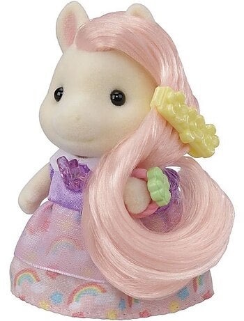 Coiffeuse fille poney - sylvanian families - joy aux cheveux roses - accessoires de coiffure inclus