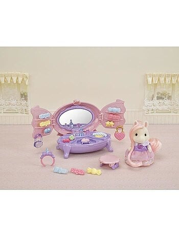 Coiffeuse fille poney - sylvanian families - joy aux cheveux roses - accessoires de coiffure inclus