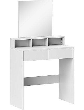 Coiffeuse grand miroir - 2 tiroirs, 3 compartiments, étagère - blanc