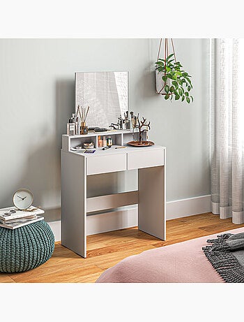 Coiffeuse grand miroir - 2 tiroirs, 3 compartiments, étagère - blanc