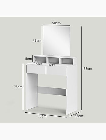 Coiffeuse grand miroir - 2 tiroirs, 3 compartiments, étagère - blanc