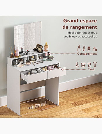 Coiffeuse grand miroir - 2 tiroirs, 3 compartiments, étagère - blanc