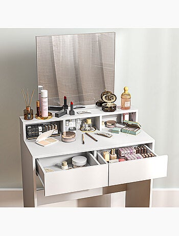 Coiffeuse grand miroir - 2 tiroirs, 3 compartiments, étagère - blanc