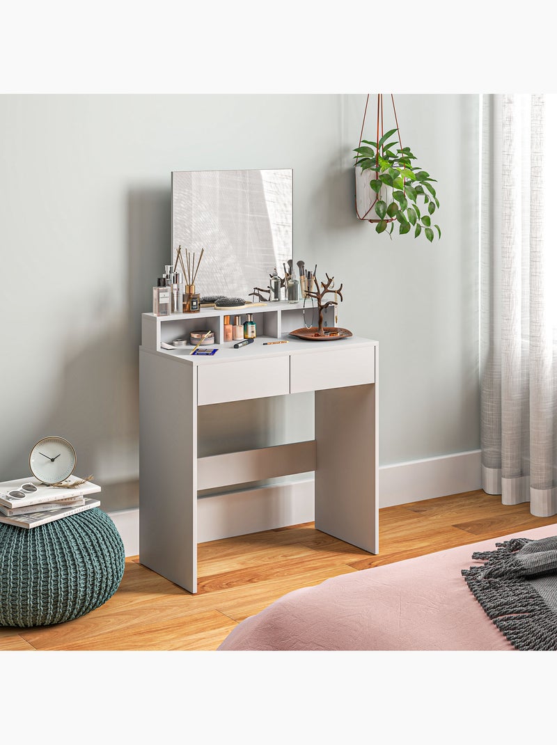 Coiffeuse grand miroir - 2 tiroirs, 3 compartiments, étagère - blanc Blanc Blanc - Kiabi