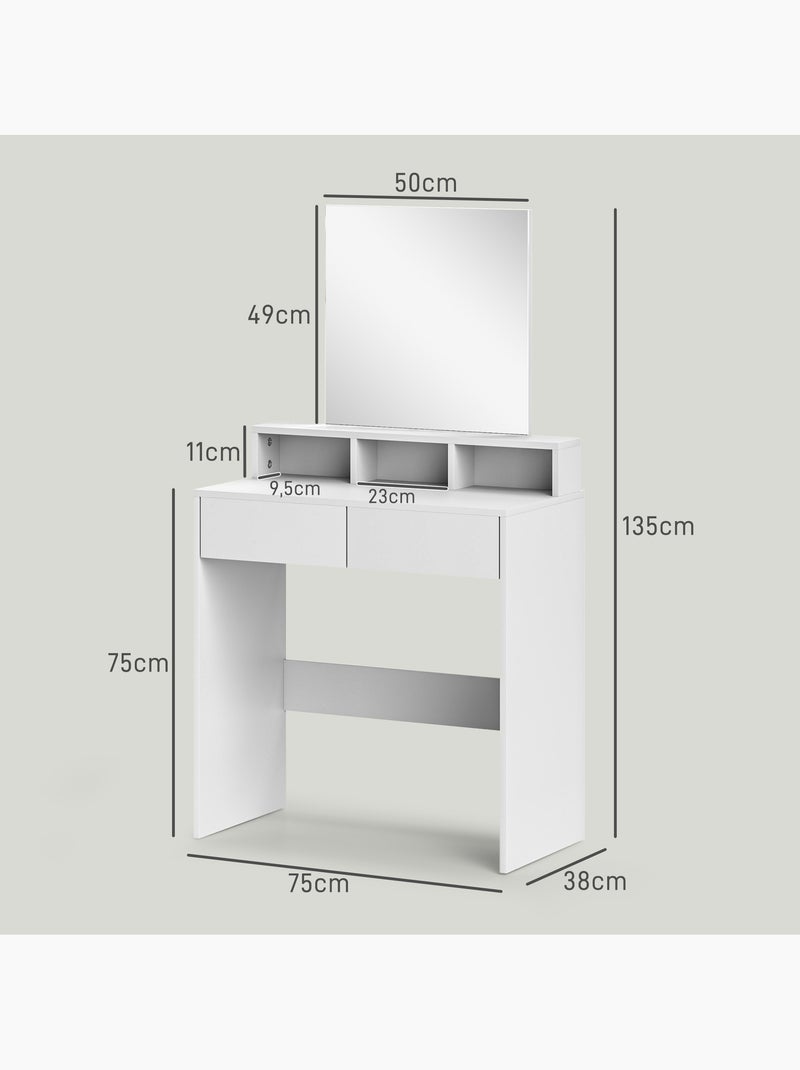 Coiffeuse grand miroir - 2 tiroirs, 3 compartiments, étagère - blanc Blanc Blanc - Kiabi