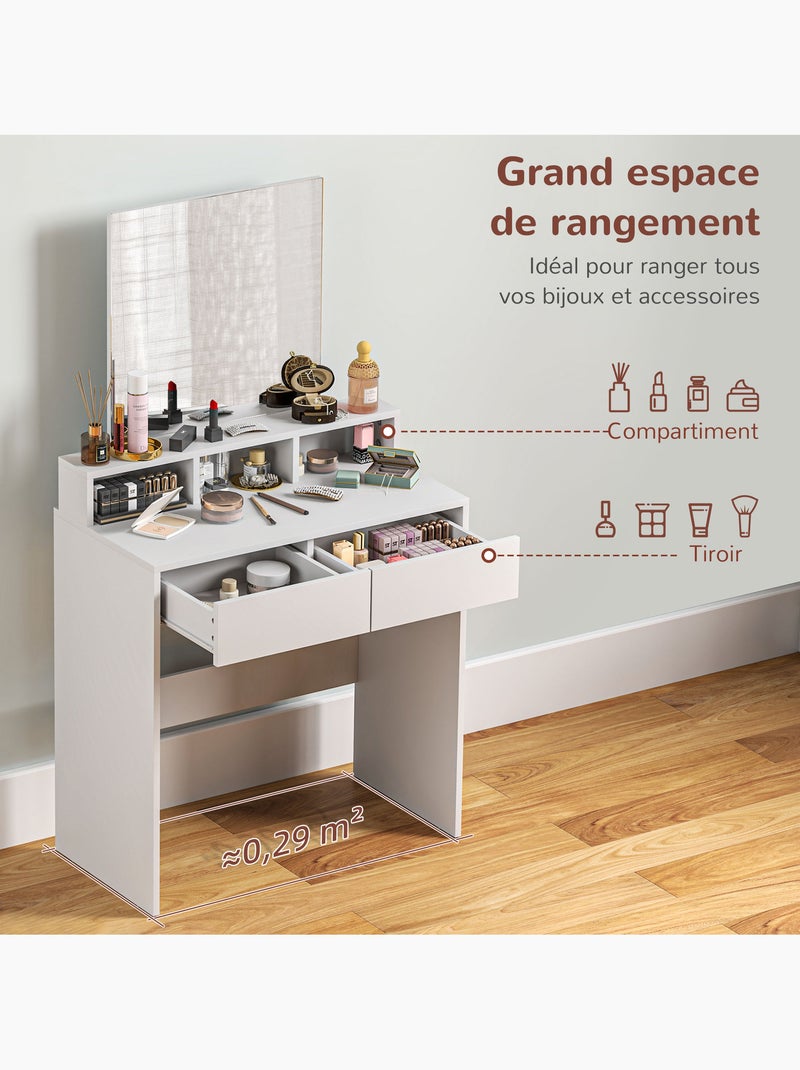 Coiffeuse grand miroir - 2 tiroirs, 3 compartiments, étagère - blanc Blanc Blanc - Kiabi