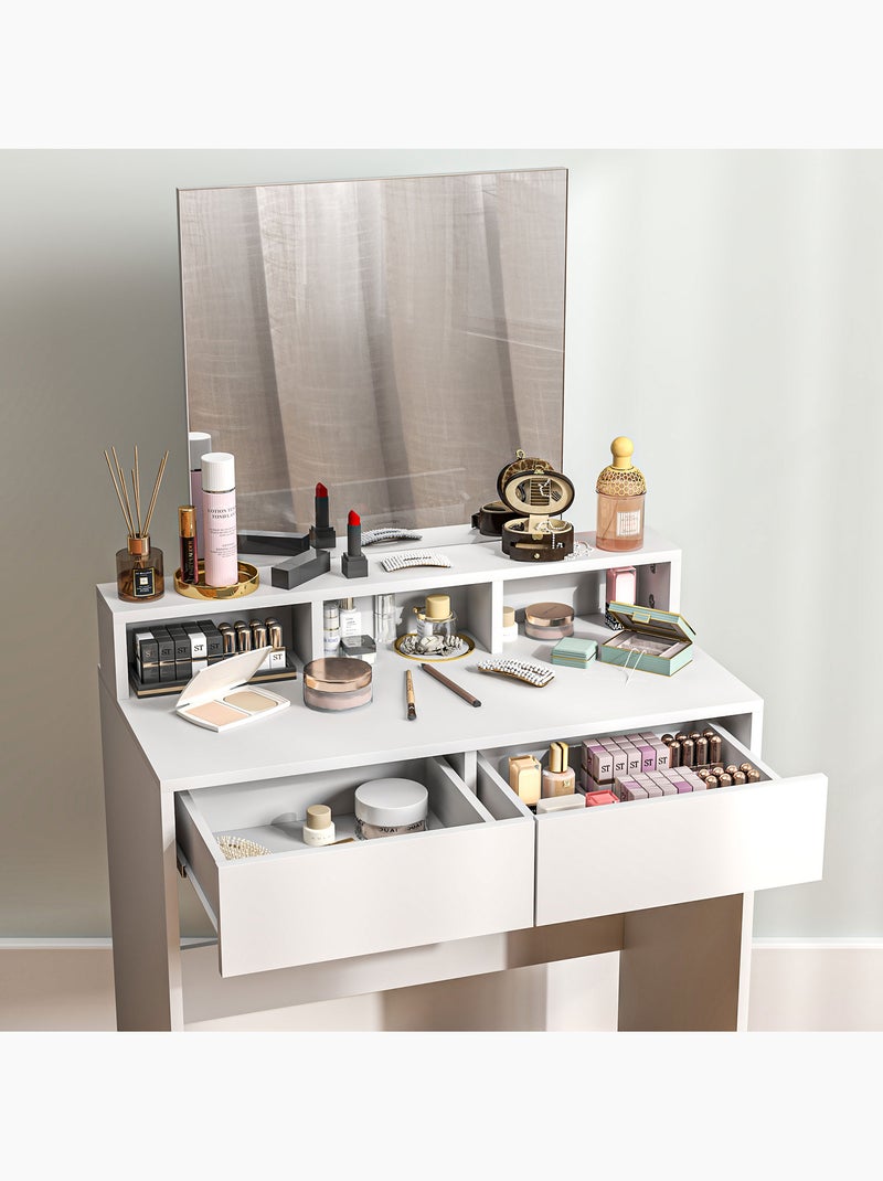 Coiffeuse grand miroir - 2 tiroirs, 3 compartiments, étagère - blanc Blanc Blanc - Kiabi