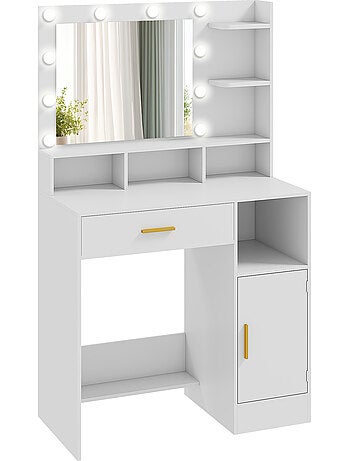 Coiffeuse miroir hollywood réglable multi-rangement blanc doré