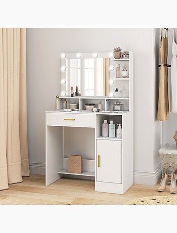 Coiffeuse miroir hollywood réglable multi-rangement blanc doré