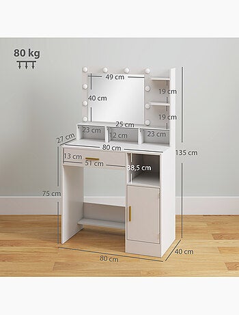 Coiffeuse miroir hollywood réglable multi-rangement blanc doré