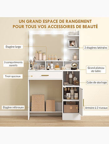 Coiffeuse miroir hollywood réglable multi-rangement blanc doré